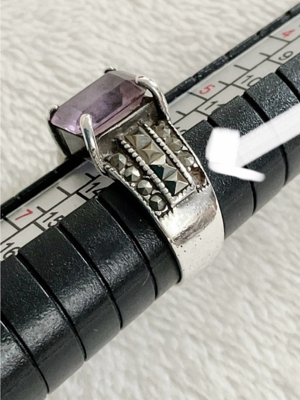 Vintage 925 Sterling Silver Amethyst Marcasite Ring Size 6 Art Deco Style - Picture 9 of 14